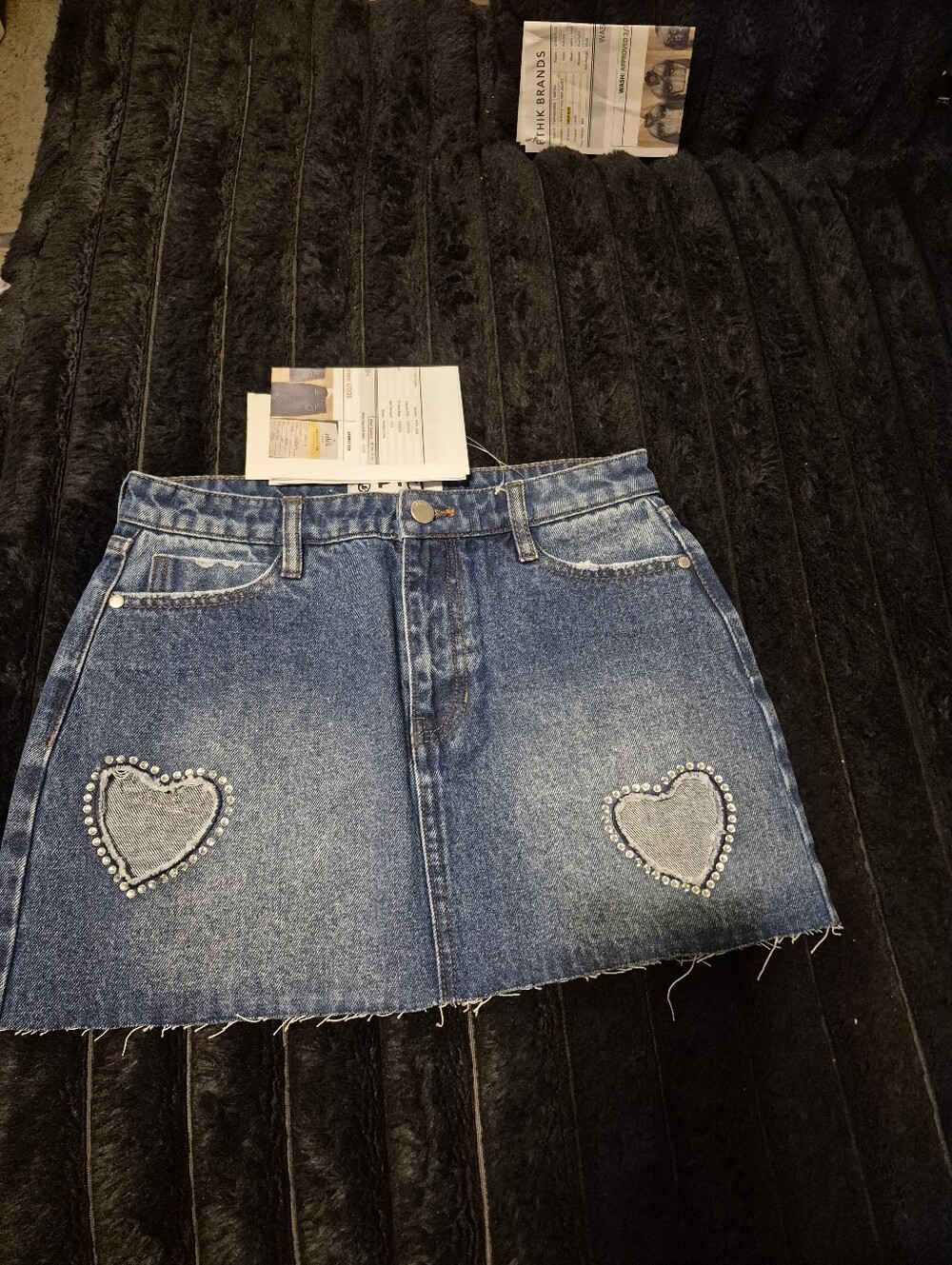 Denim Mini Skirt with Heart Stud Details - Blue